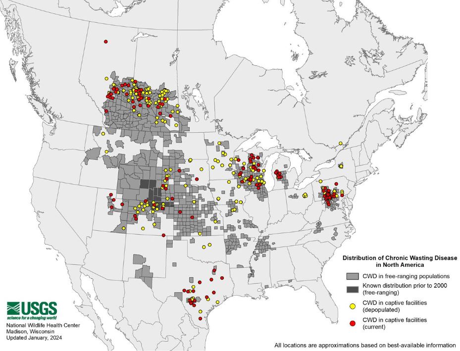 A map from the United States Geological Survey shows Chronic Wasting Disease detections prior to Thursday’s discovery in B.C.