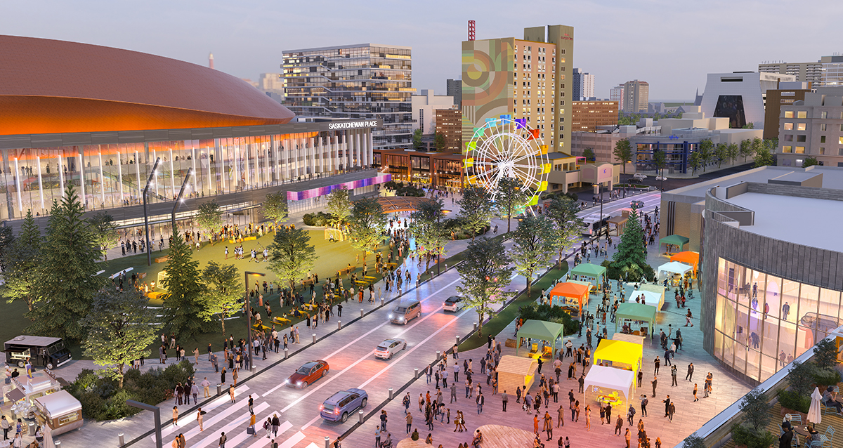 A design concept for the Saskatoon's downtown arena and event district project.