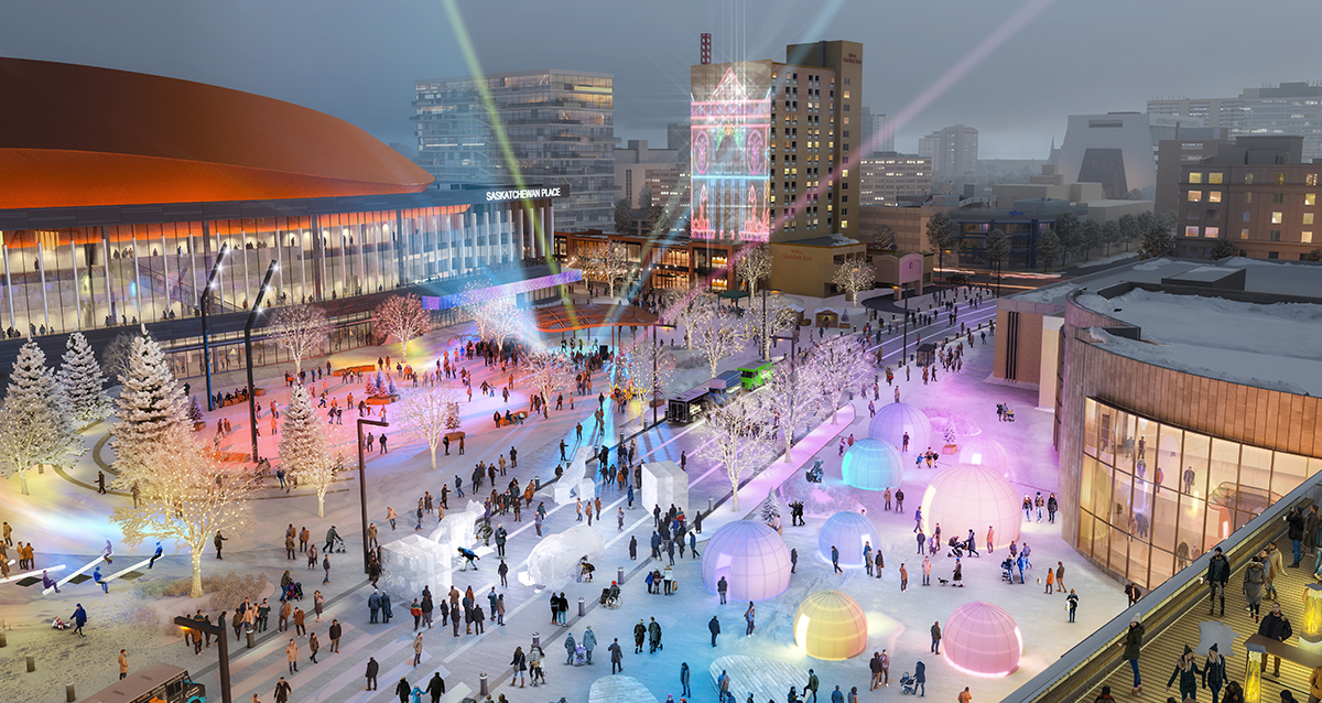 A winter design concept for the Saskatoon's downtown arena and event district project.