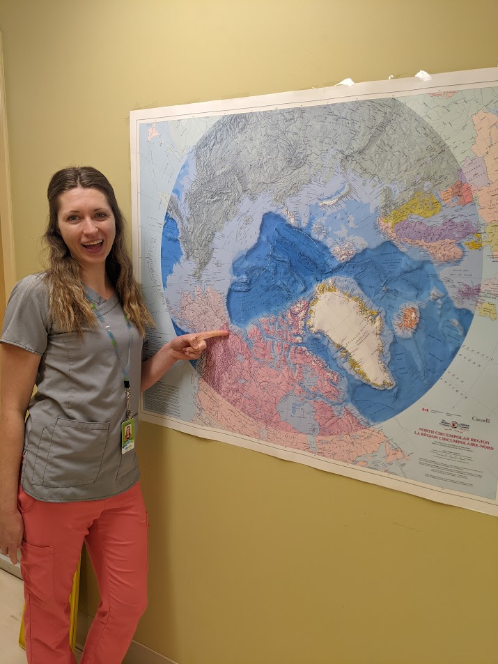 Dani Jackson pointing to where she worked in the Northwest Territories.