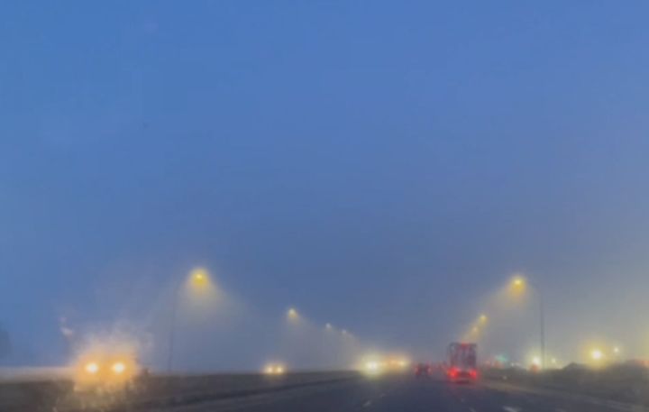 Fog is seen on a freeway in Edmonton on Feb. 21, 2024.