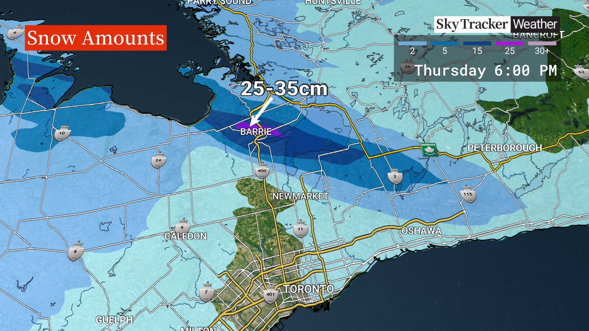 Lake effect snow will deliver 25-35cm in a narrow swath north of Toronto closer to Georgian Bay.