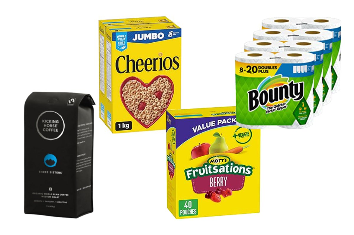 cheerios, paper towels, coffee and fruit gummies