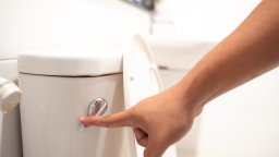 A hand flushing a toilet.