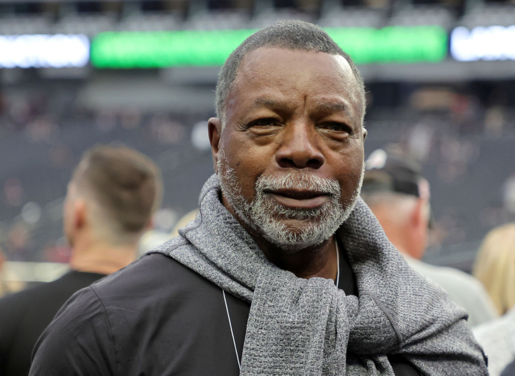 Actor and former Oakland Raiders player Carl Weathers stands on the Las Vegas Raiders sideline before the team's game against the Houston Texans at Allegiant Stadium on October 23, 2022 in Las Vegas, Nev.