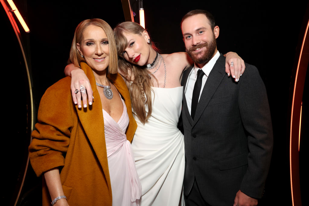 (L-R) Céline Dion, Taylor Swift and Rene-Charles Angelil attend the 66th Grammy Awards at Crypto.com Arena on February 4, 2024 in Los Angeles, California.