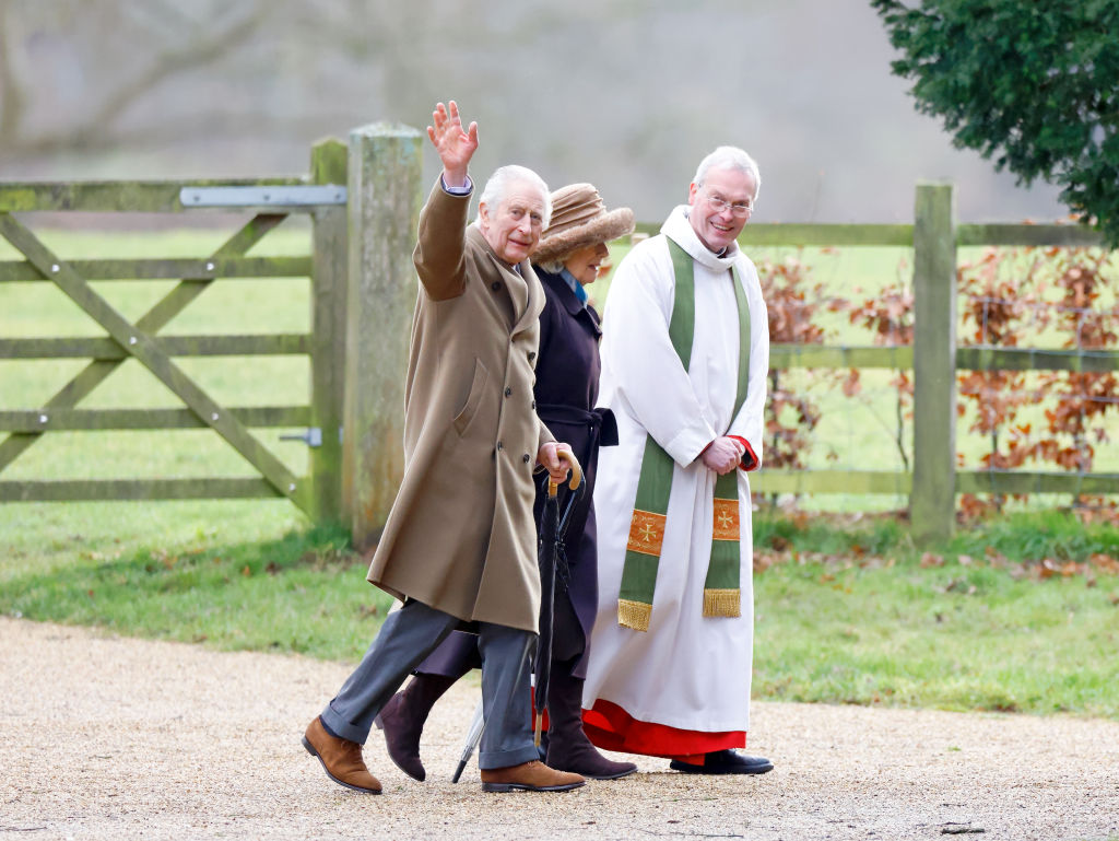 King Charles III and Queen Camilla, accompanied by The Reverend Canon Dr Paul Williams, attend the Sunday service at the Church of St Mary Magdalene on the Sandringham estate on February 4, 2024 in Sandringham, England. The King was discharged from hospital last Monday after spending three nights in The London Clinic following a corrective procedure for an enlarged prostate.