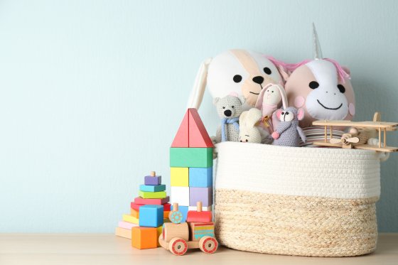set of toys in a basket