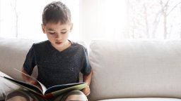 Boy reads book on a couch