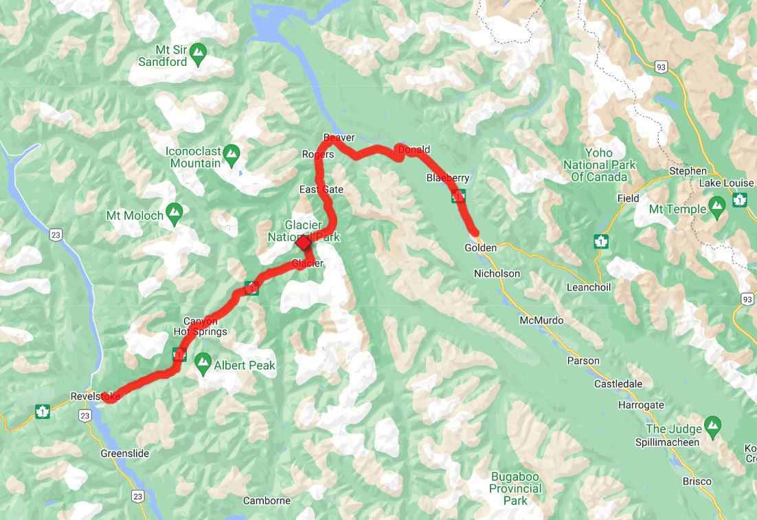 A map showing the closure of the Trans-Canada Highway in B.C., between Revelstoke and Golden, on Feb. 28, 2024.