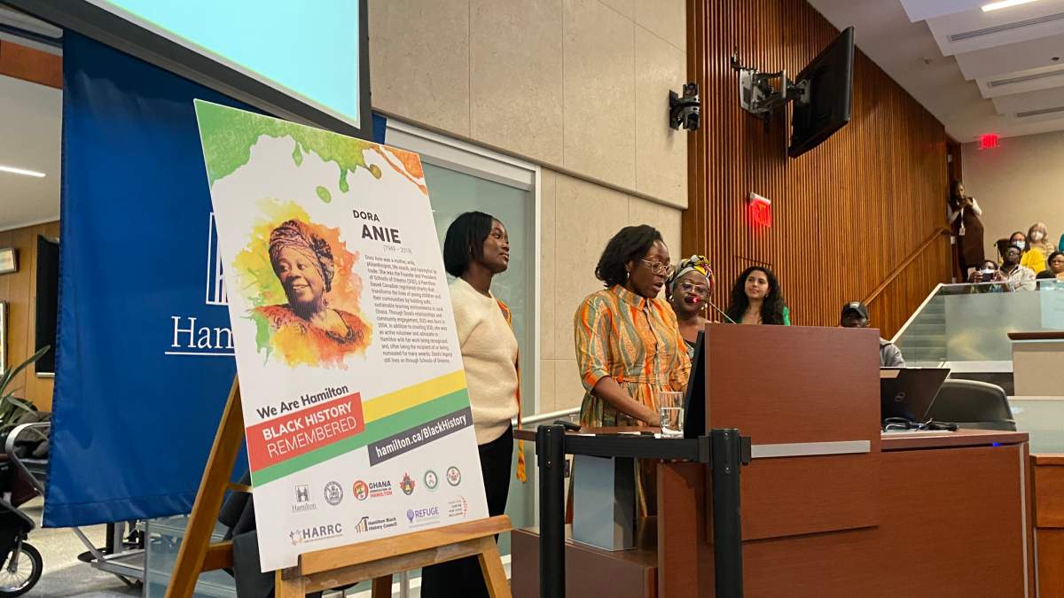 Barbara Anie speaks at city hall in Hamilton, Ont. on Feb. 1, 2024.