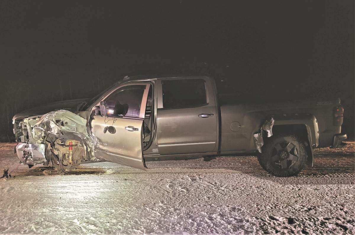 A heavily damaged truck was found after a collision on Highway 44 south of the Yellowhead Highway, near the Acheson Industrial Park in Parkland County on Sunday, Feb. 11, 2024.