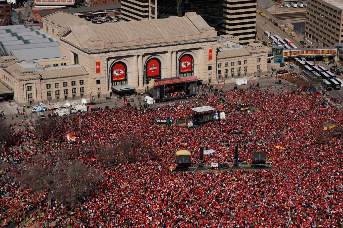 The Kansas City Chiefs celebrate during their victory rally at Union Station in Kansas City, Mo., Wednesday, Feb. 14, 2024. The Chiefs defeated the San Francisco 49ers Sunday in the NFL Super Bowl 58 football game. (AP Photo/Charlie Riedel)