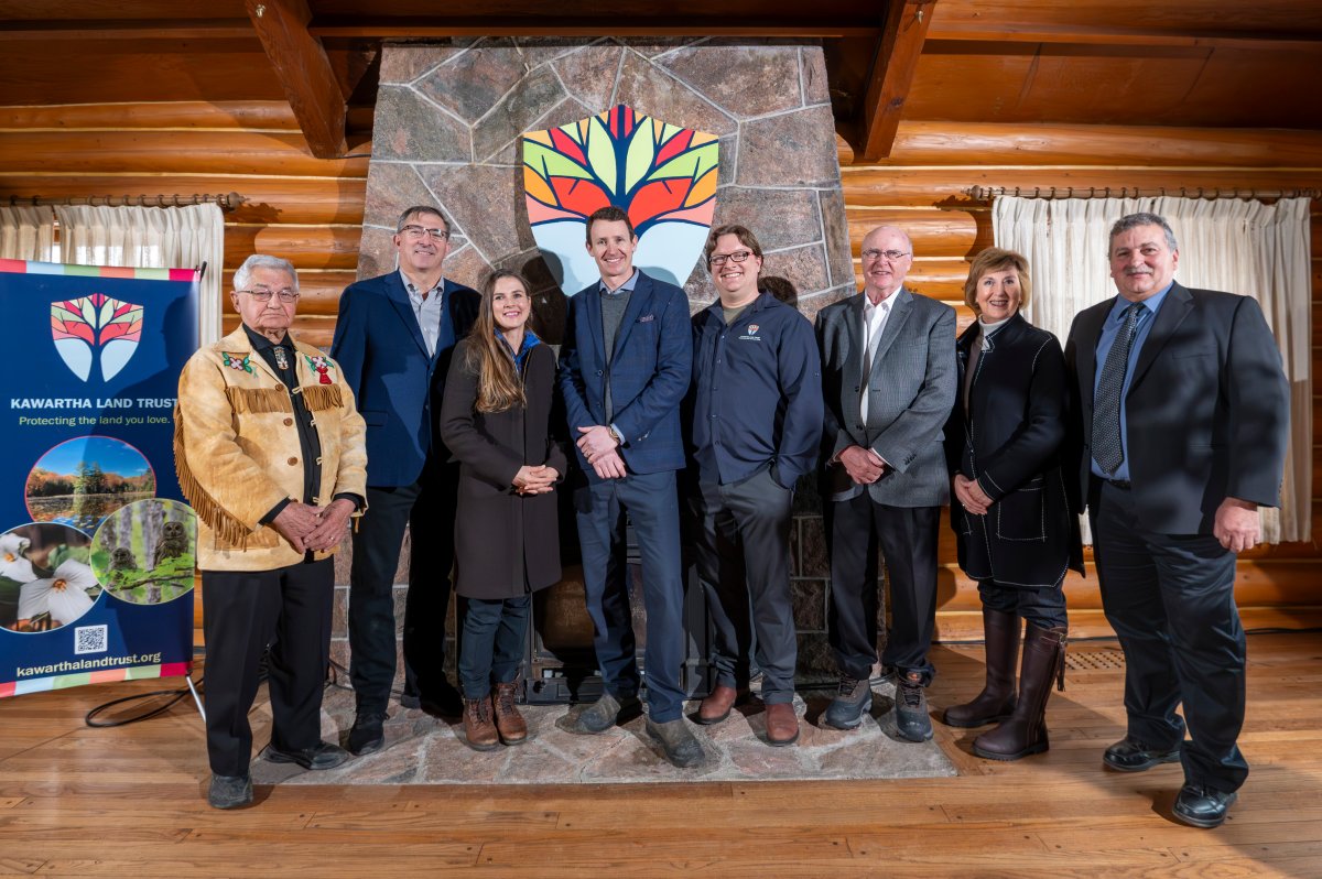 Kawartha Lake Trust announced the purchase of the Hammer Family Preserve during a media conference in Lakehurst, Ont., on Feb. 12, 2024. Taking part were, from left, Curve Lake First Nation Chief Keith Knott, Peterborough-Kawartha MPP Dave Smith, Andrea Khanjin, Minister of Environment, Conservation, and Parks; Mike Hendren, Senior Advisor to the Ontario Conservation Community, The Schad Foundation; John Kintare, KLT executive director; Paul Downs, KLT board chair; Haliburton-Kawartha Lakes-Brock MPP Laurie Scott; Trent Lakes Mayor Terry Lambshead.