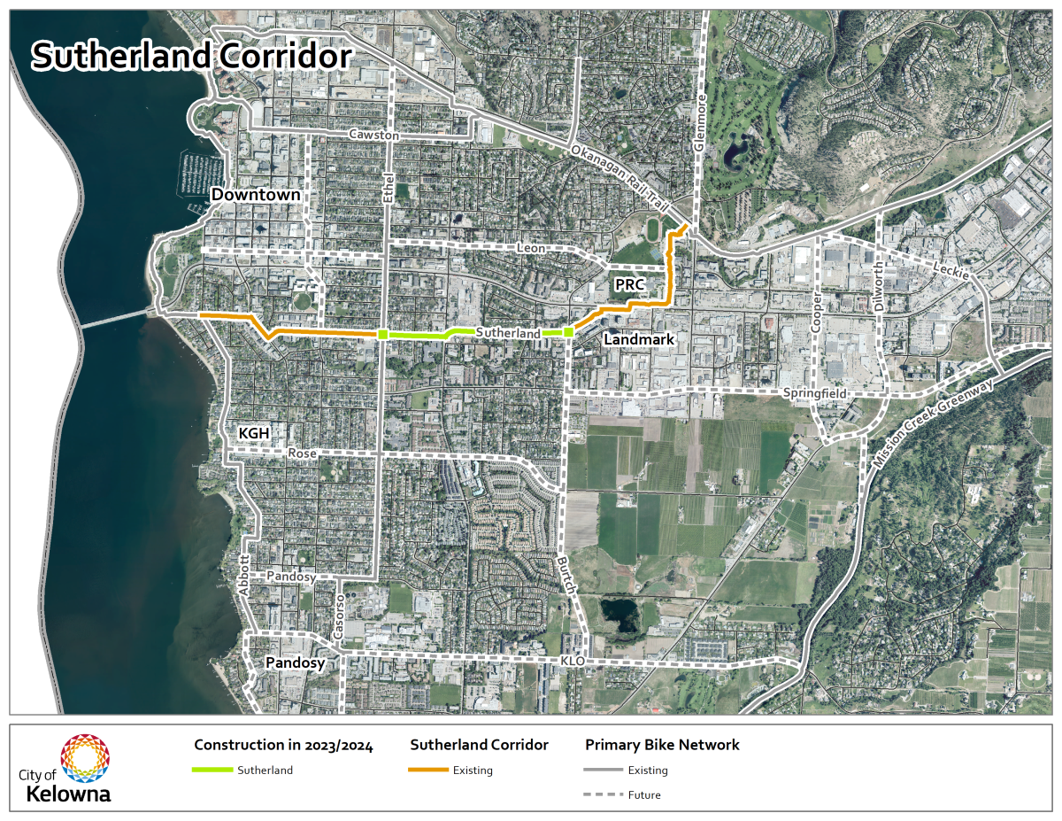 A map showing the section of Sutherland Avenue in Kelowna, B.C., that will undergo construction closure.