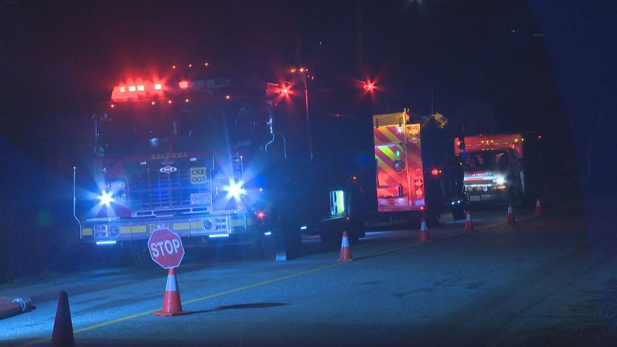 Emergency vehicles at the house fire on Belgo Road in Kelowna, B.C., on Wednesday night.