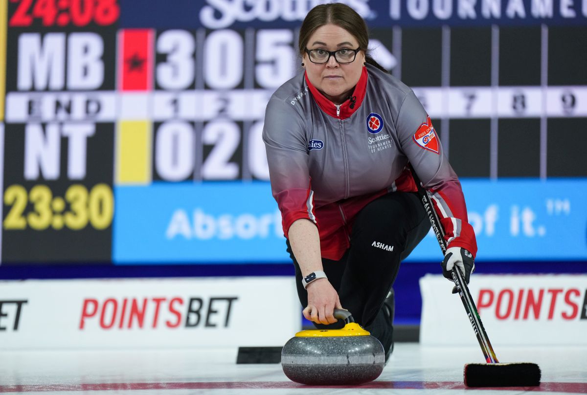 Northwest Territories skip Kerry Galusha delivers a rock while playing Manitoba at the Scotties Tournament of Hearts, in Kamloops, B.C., Tuesday, Feb. 21, 2023.