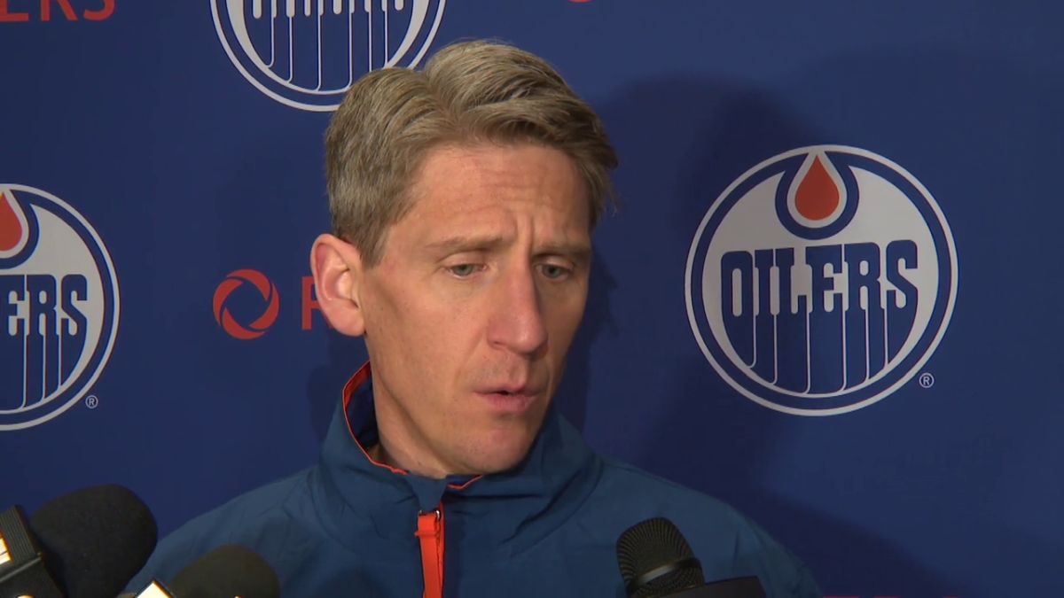 Oilers head coach Kris Knoblauch speaks to reporters in Edmonton on Feb. 27, 2024.