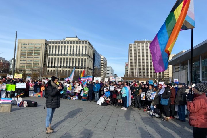 Albertans rally in support of trans rights at the legislature Sunday
