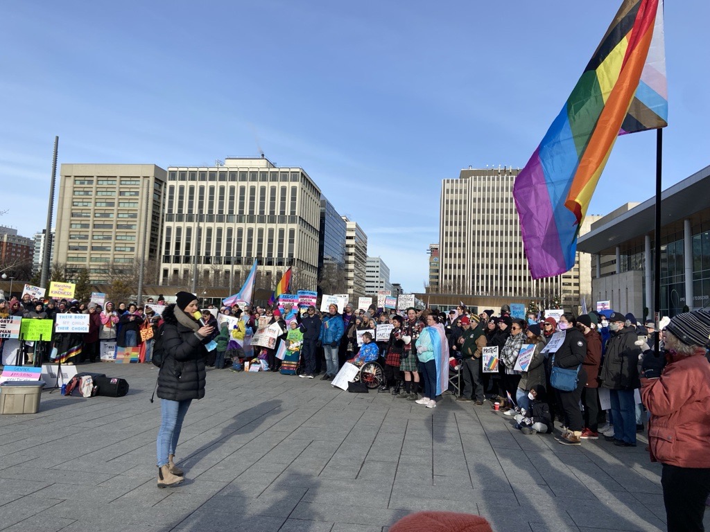 Albertans rally in support of trans rights at the legislature Sunday