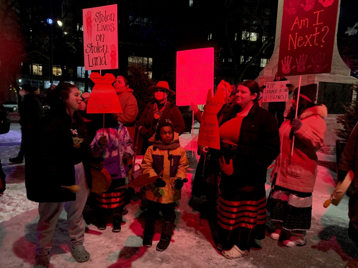 Hundreds of people took to the streets of downtown Montreal on Valentine's Day in honour of missing and murdered Indigenous women and girls. February 14, 2024.