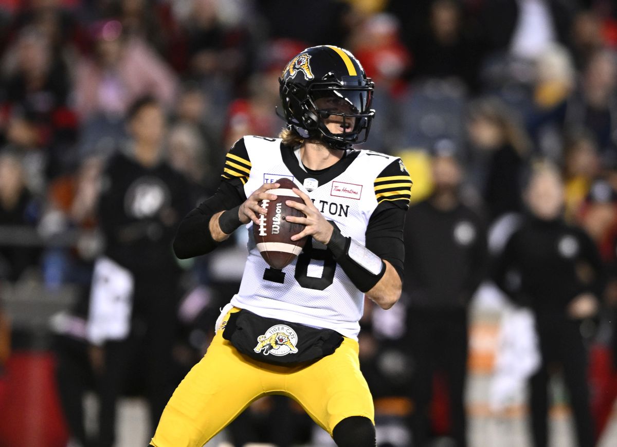 Hamilton Tiger-Cats' Matt Shiltz (18) throws the ball during first half CFL football action against the Ottawa Redblacks in Ottawa on Saturday, Oct. 29, 2022.