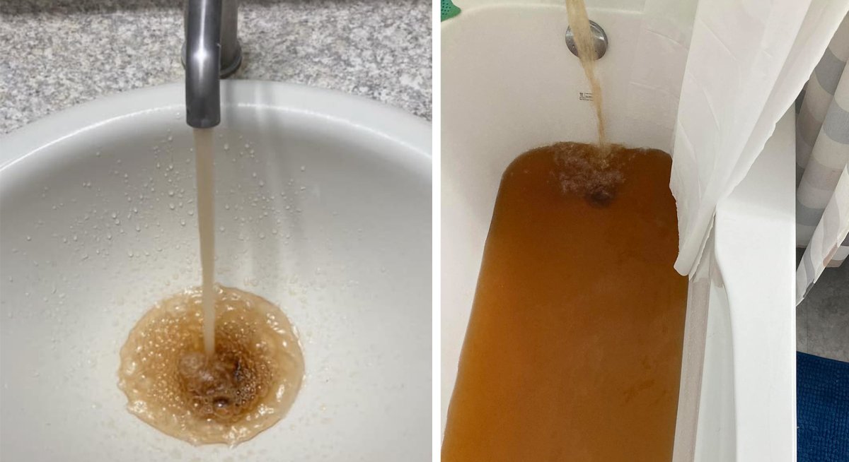 Brown water in a sink and in a bathroom tub.