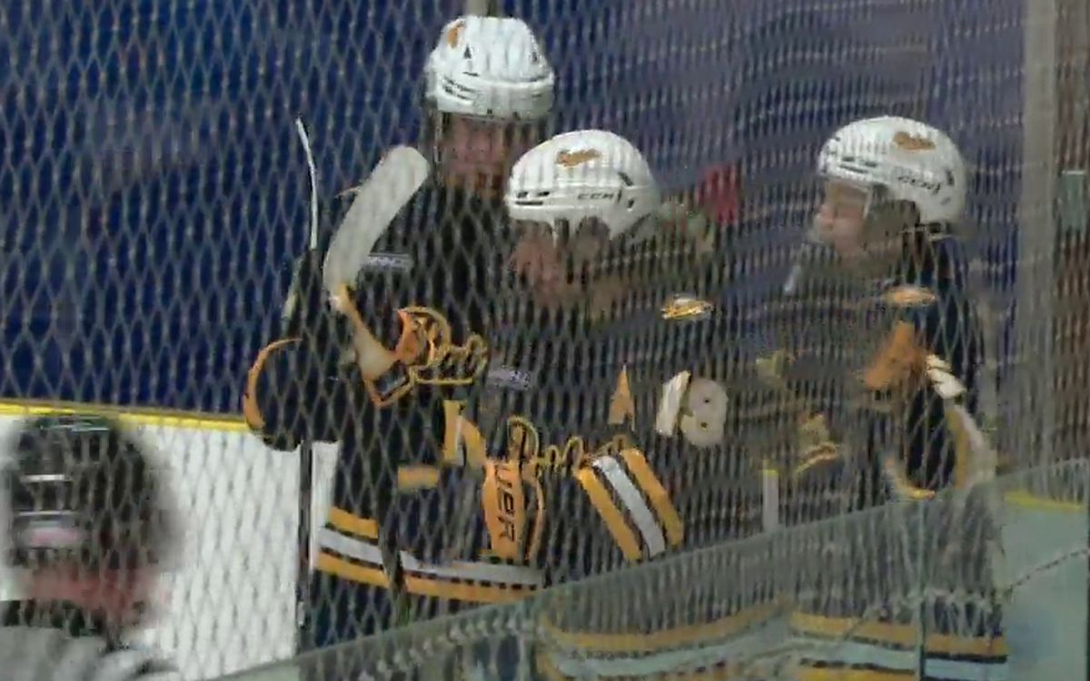 Ossie McIntyre (19) celebreates with his St. Albert Sabres teammates after a goal at a game in 2024.