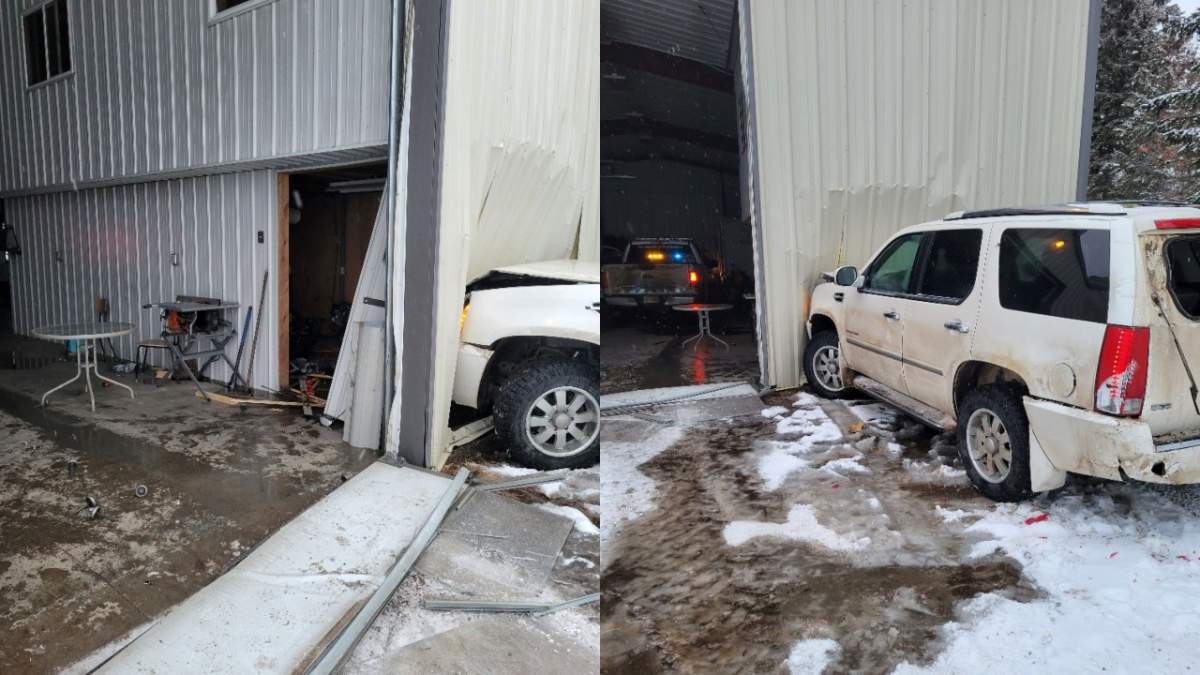A stolen SUV rammed into a shop in eastern Alberta on Feb. 8, 2024.