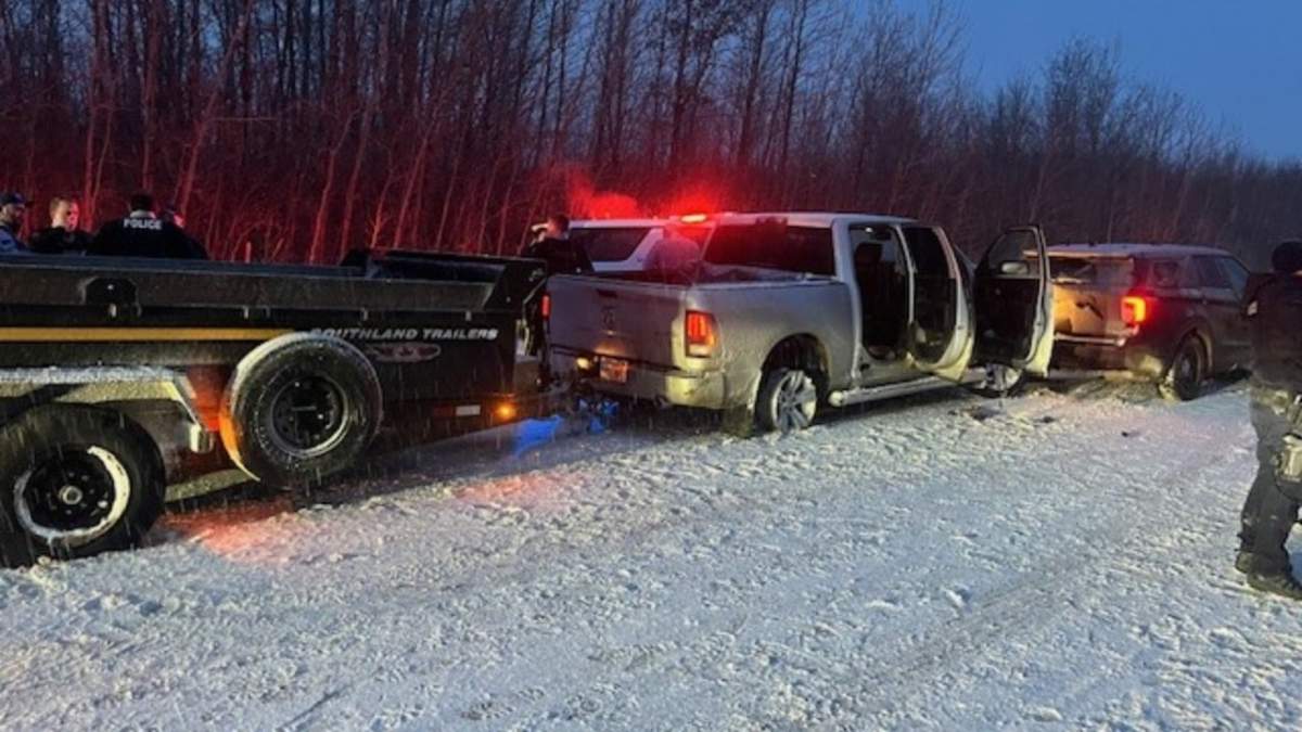 A stolen truck and trailer stopped by Alberta RCMP near Saddle Lake Cree Nation on Feb. 8, 2024.