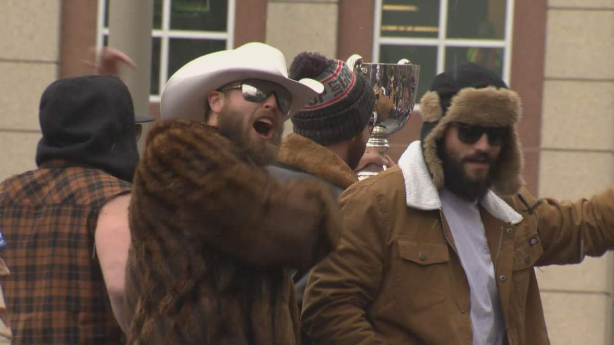 Chris Streveler celebrating the Winnipeg Blue Bombers ending a 29 year championship drought during the 2019 Grey Cup victory parade.