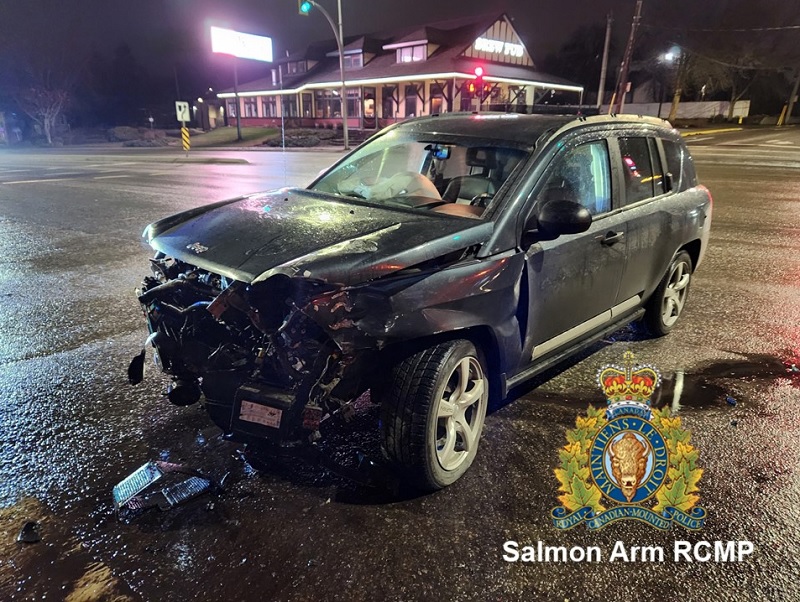 A police-supplied photo of the damaged Jeep Compass involved in the accident with a semi on Jan. 31, in Salmon Arm, B.C.