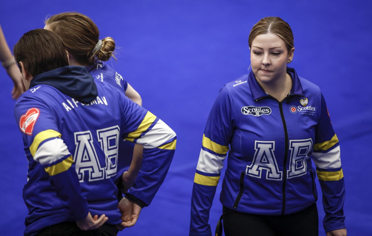 Team Alberta skip Selena Sturmay walks behind her bench after being defeated by Team Manitoba-Cameron in Page playoffs at the Scotties Tournament of Hearts in Calgary, Saturday, Feb. 24, 2024. Team Alberta lost to Team Manitoba-Cameron 6-4.