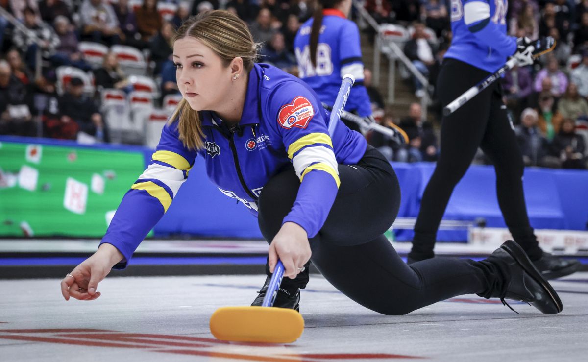 Team Alberta skip Selena Sturmay watches her shot as they play Team Manitoba-Cameron in Page playoffs at the Scotties Tournament of Hearts in Calgary, Saturday, Feb. 24, 2024.
