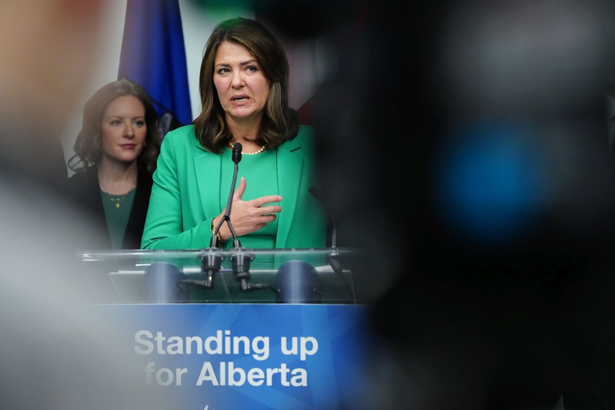 Alberta Premier Danielle Smith addresses a news conference in Ottawa on Monday, Feb.5, 2024.