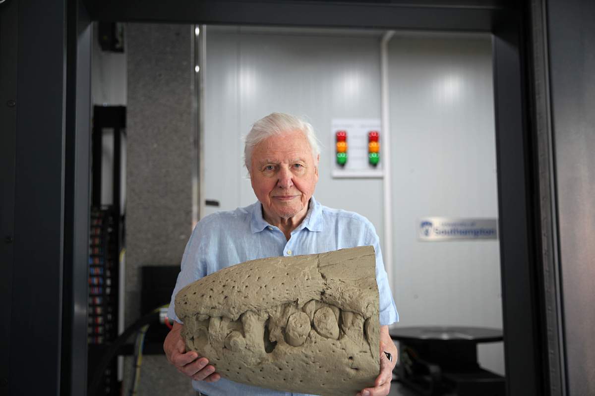 David Attenborough holding a 3D printed model of the pliosaur snout fossil at Southampton University, Southampton UK