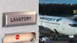 A split image of an occupied sign on a plane bathroom door and a WestJet airplane.