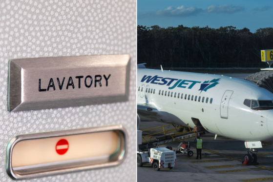 A split image of an occupied sign on a plane bathroom door and a WestJet airplane.