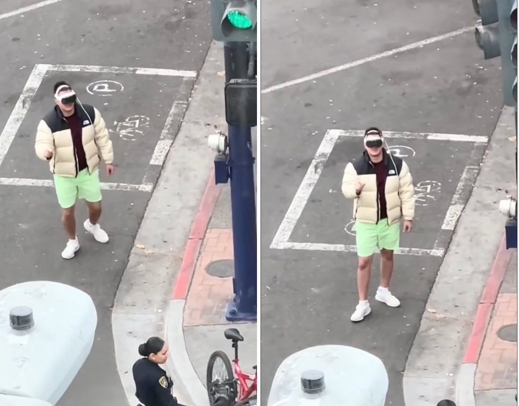 Screengrabs of a video shared by San Diego police showing a man crossing the street while wearing an Apple Vision Pro headset.