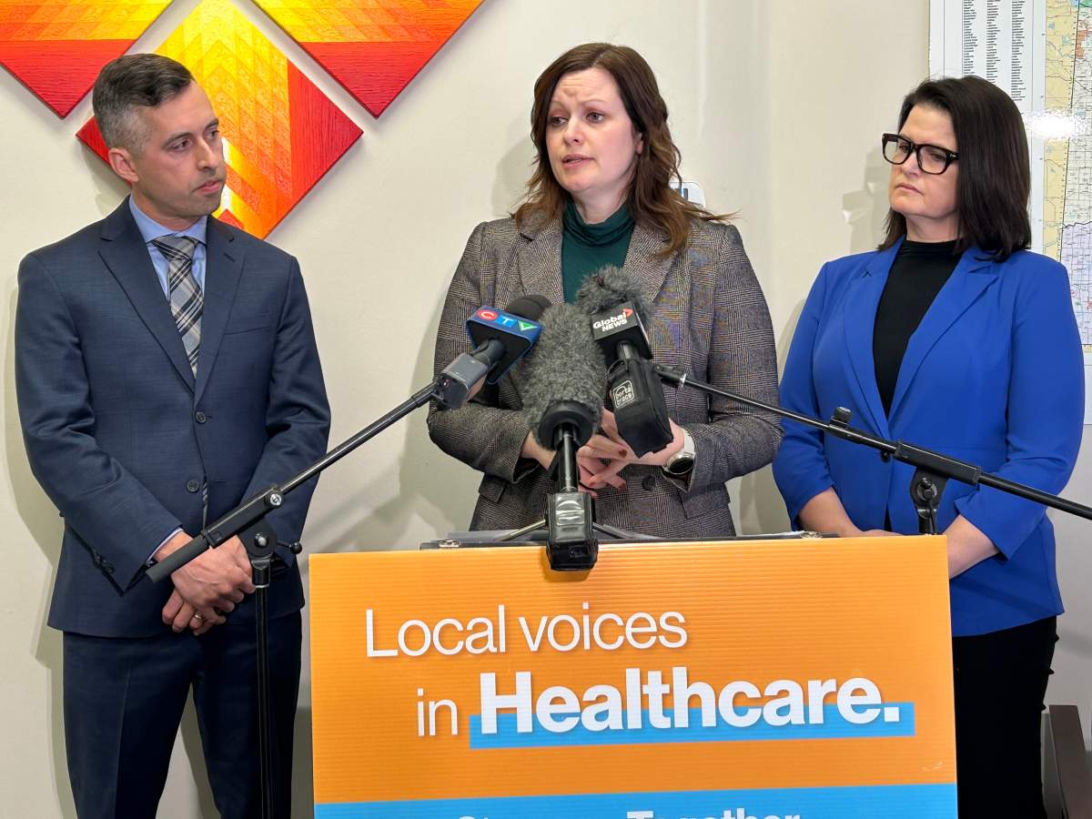 Rural and remote health critic Jared Clarke (left), health critic Vicki Mowat (middle), and Opposition Leader Carla Beck address the province’s rural health-care worker shortage.