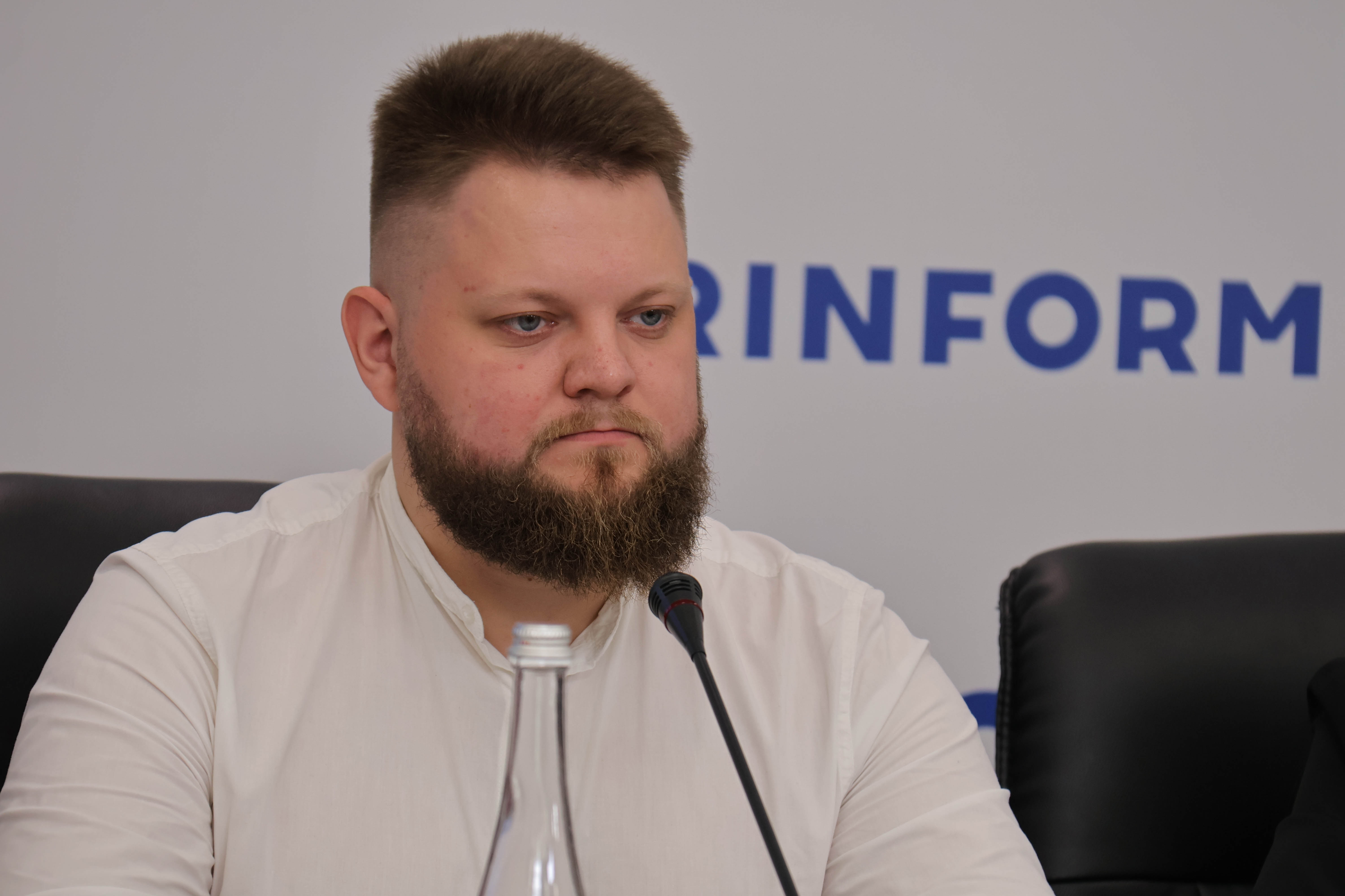 Vladyslav Havrylov, a research fellow with Georgetown University and the lead researcher of the Where Are Our People? project, speaks at a roundtable on forcible deportations in Kyiv, Ukraine.