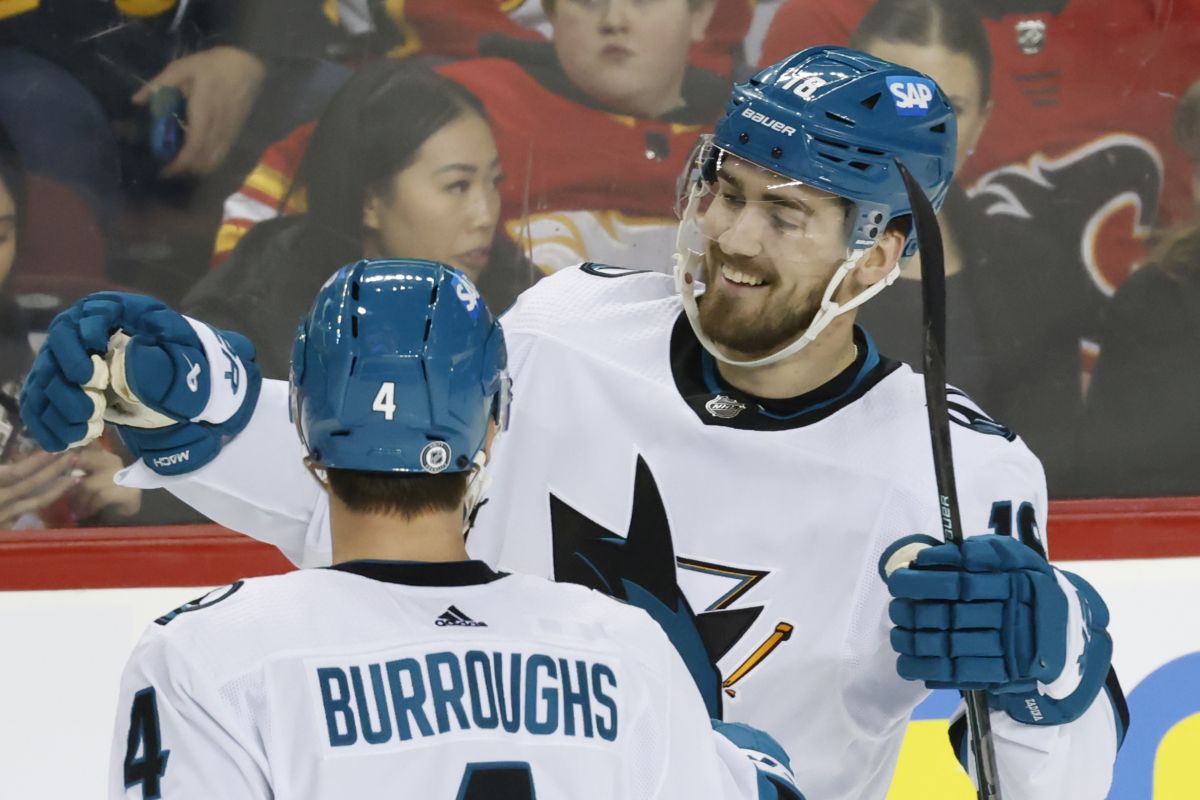 San Jose Sharks' Filip Zadina, right, celebrates a goal against the Calgary Flames with Kyle Burroughs during third period NHL hockey action in Calgary, Thursday, Feb. 15, 2024.