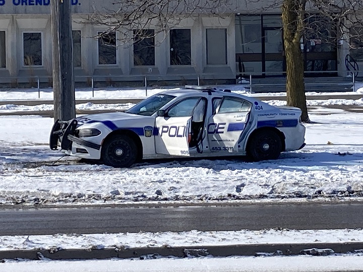 Officers in Peel Region are advising motorists to avoid the area where a severe single-vehicle collision occurred Saturday morning. A Peel Regional Police vehicle is shown at another Brampton crash site on Feb. 17, 2024.