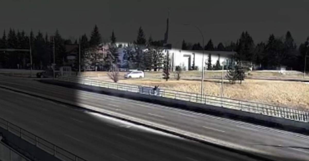 Still from an Edmonton Police Service video of a man throwing an object from the 53 Avenue overpass onto the Whitemud Drive below. Undated.