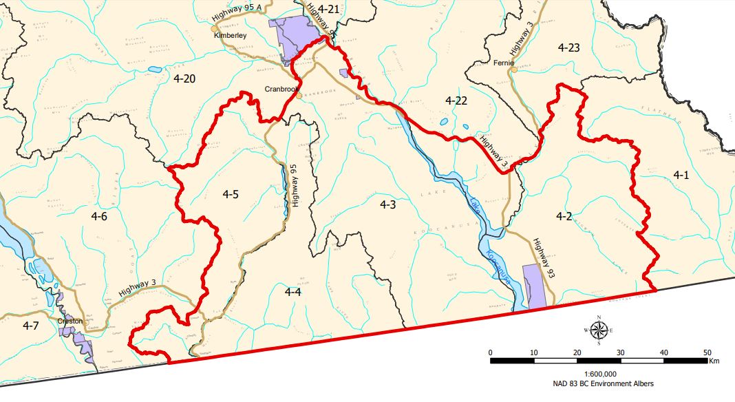 A map showing the chronic wasting disease response area in British Columbia’s southeast.