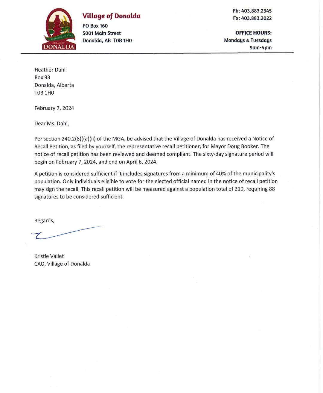 The Village of Donalda confirmed on its website that it had received a notice of petition to recall mayor Doug Booker.