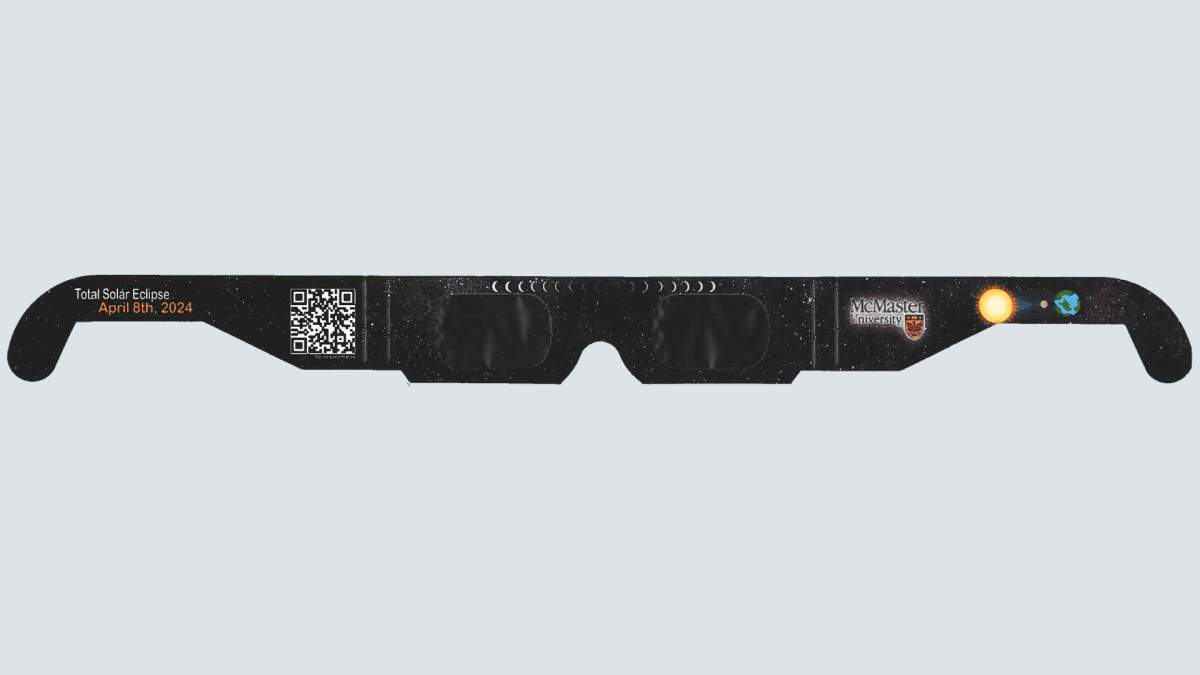 Photo of McMaster University branded solar eclipse safe viewing glasses.