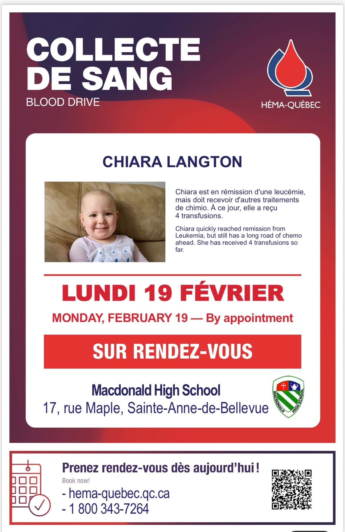 Montreal-area parents to host blood drive in honour of 2-year-old daughter in remission - image