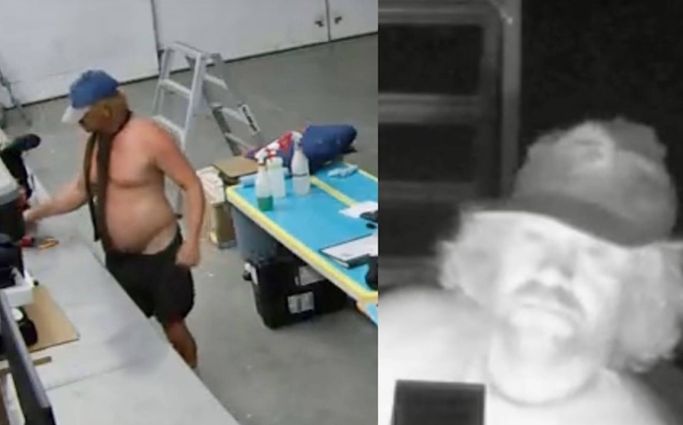 In 2022, RCMP released this image of a man who broke into a Naramata helicopter hangar and caused damage. The suspect was later identified as Gerrid Perret.