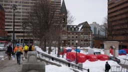 The homeless encampment in Grand Parade in front of City Hall in Halifax